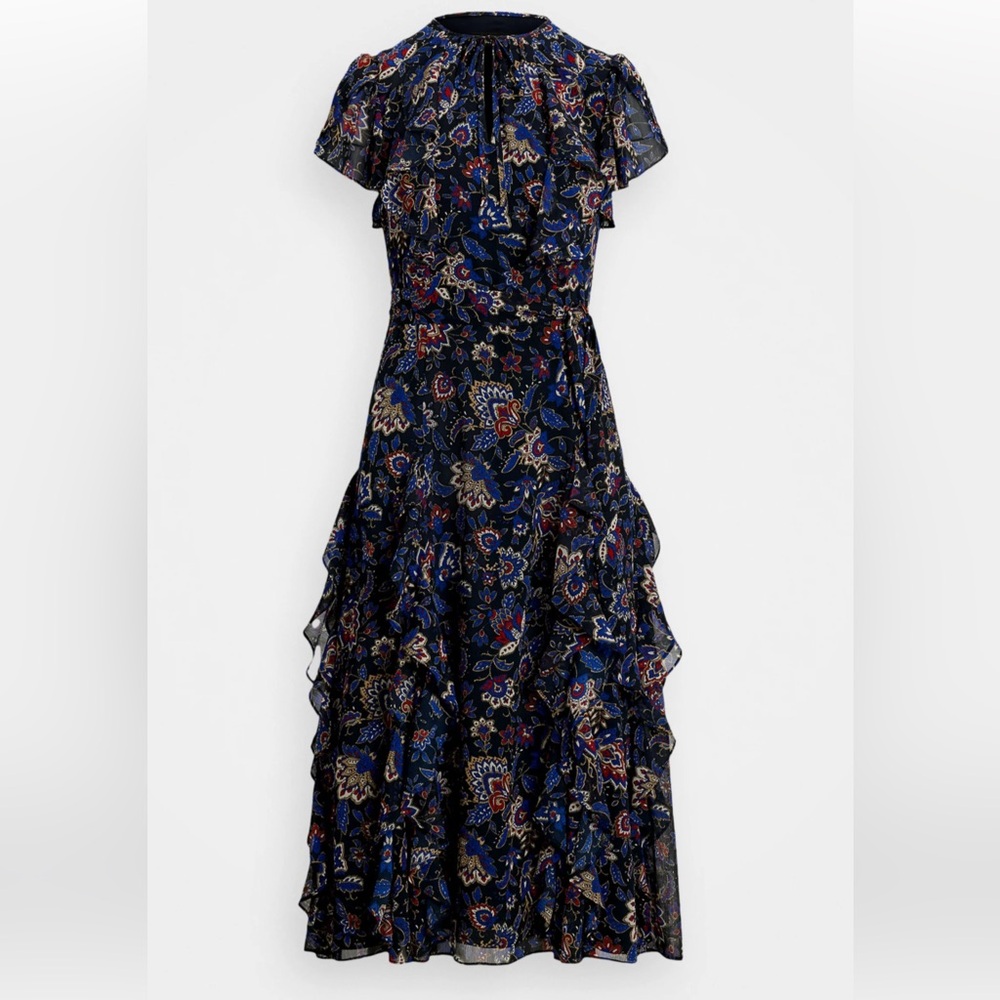 Ralph Lauren Women’s Floral Ruffle Georgette Midi Dress S – Feminine, Elegant, N